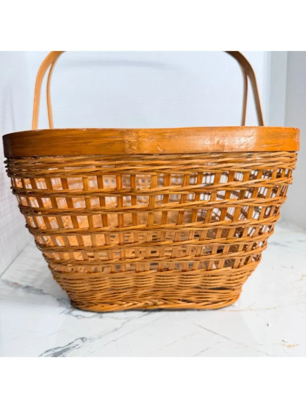 Vintage Wicker Picnic Basket Woven Gathering Market Basket Dual Handles Boho